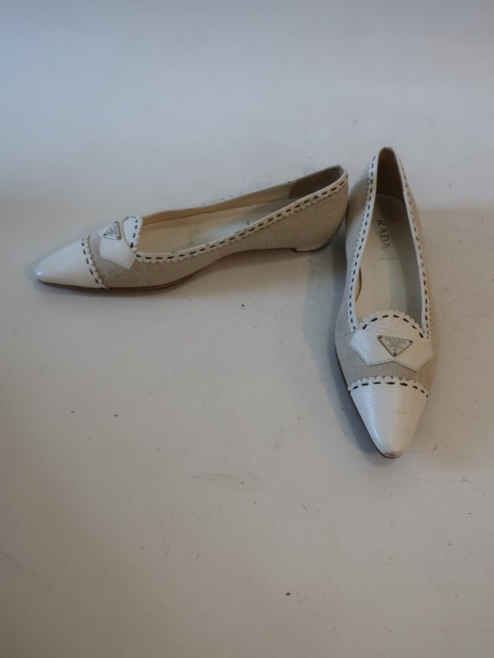 Authentic Women Prada Vero Cuoio White Beige Canvas Leather Pointy Flat Shoes 8